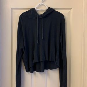 Navy Blue Waffle Print High Low Cropped Hoodie